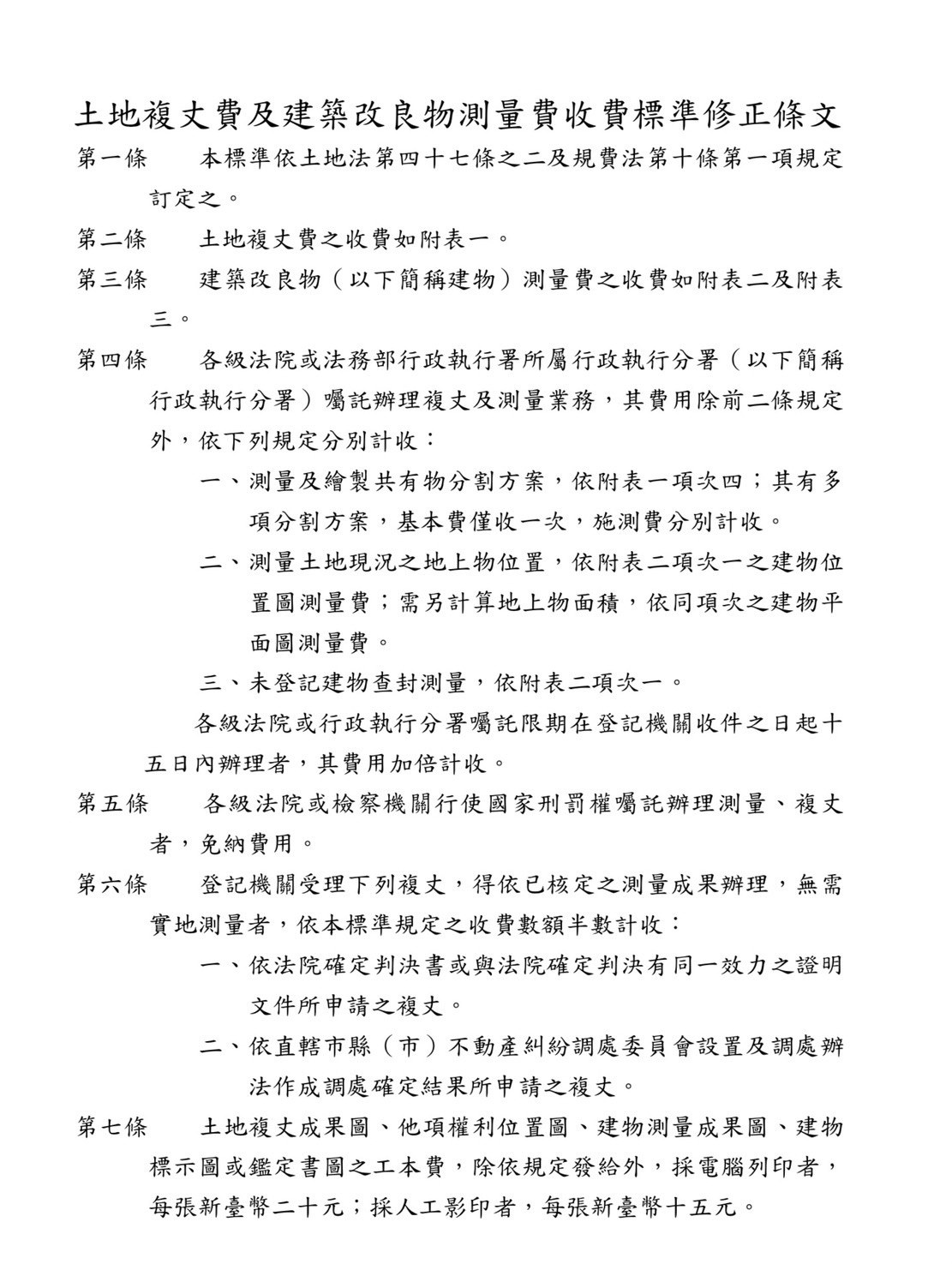 土地複丈費及建築改良物測量費收費標準修正條文